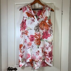 Soft Surroundings Garden Party Floral Linen Hooded Sleeveless Tunic‎ Blouse Med